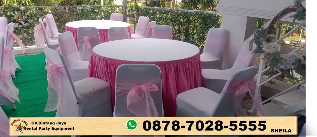 Sewa meja bundar cover putih sekerting pink Bekasi