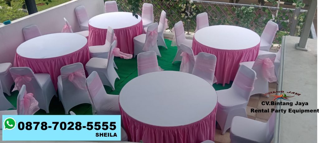 Sewa meja bundar cover putih sekerting pink Bekasi