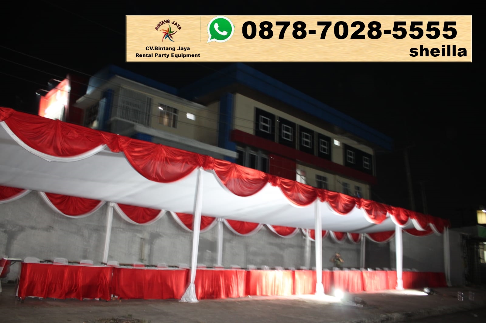 Sewa tenda konvensional dekorasi plafon merah putih Jakarta Pusat. Produk sewa tenda Bintang Jaya adalah produk yang sangat lengkap dan terbaik