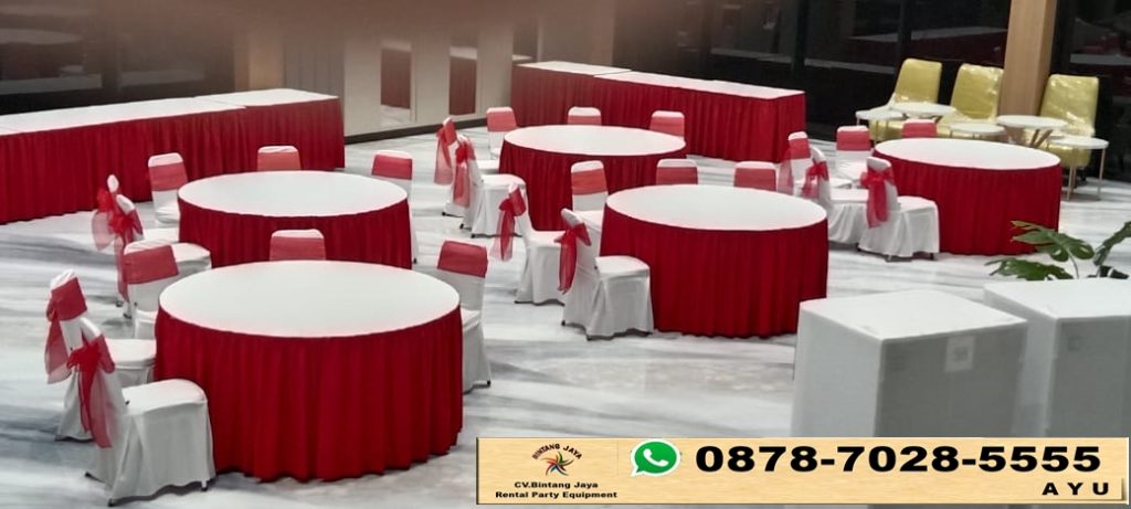 Rental Meja Bundar Dan Kotak Cover Merah Putih Jakarta