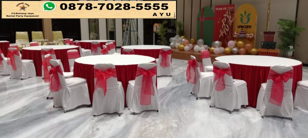 Rental Meja Bundar Dan Kotak Cover Merah Putih Jakarta